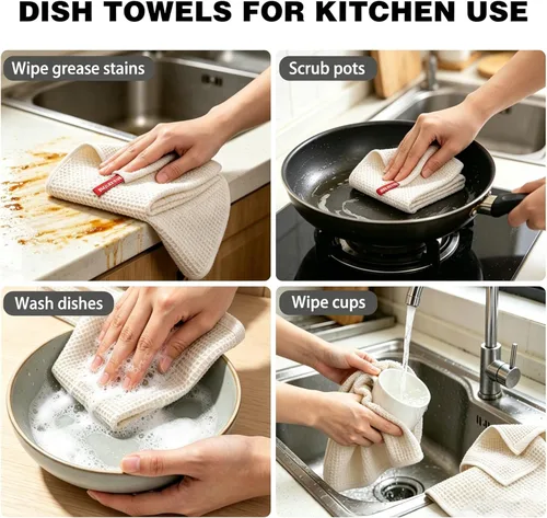 Miniatura 6 de QUILTINA Kitchen Dish Cloths 6 Pack, 12 x 12 Inches, 103% Cotton Waffle Weave Dish Towels, Super Absorbent Quick Drying, Beige