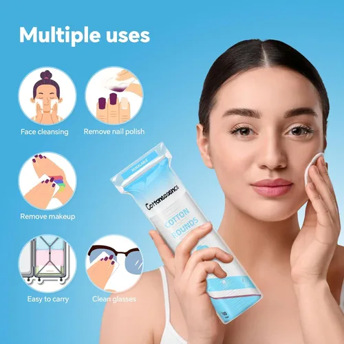 Miniatura 7 de Rondas de algodón para limpieza facial y eliminación de esmalte de uñas (300 unidades) – 100 unidades, paquete de 3, 100% algodón puro, almohadillas