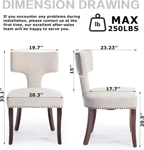 Miniatura 2 de SoarFlash Juego de 2 sillas de comedor modernas de madera, silla tapizada de tela de lino de granja, respaldo curvado con clavos de cobre alrededor