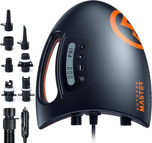 OutdoorMaster 20PSI High Pressure SUP Air Pump Shark - Intelligent Dual Stage Inflation & Auto-Off & Deflation, 12V DC Car Connector, for Inflatable
