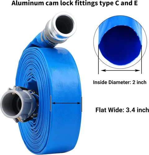 Miniatura 2 de Manguera de descarga plana de PVC de 2 pulgadas x 100 pies con accesorios de aluminio Camlock C y E, accesorio Cam Lock tipo F incluido, conjunto