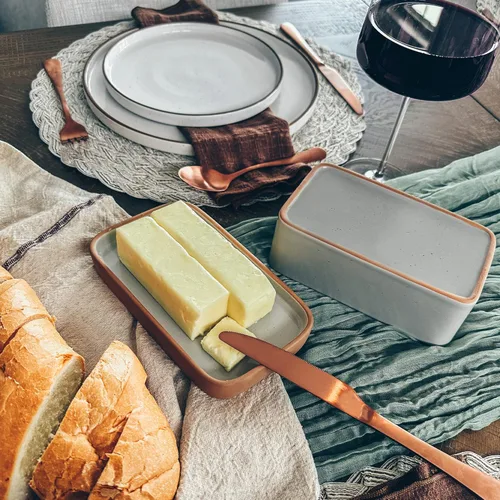 Miniatura 6 de Mora Mantequillera de cerámica dos en uno con tapa, recipiente de mantequilla cubierto para dejar en la encimera, soporte de almacenamiento grande