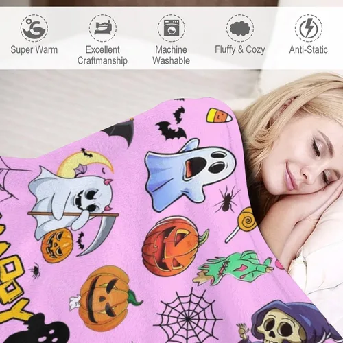 Miniatura 4 de Manta de Halloween de 60 x 50 pulgadas – Manta de fantasma de franela suave, felpa acogedora para sofá, sofá y cama, decoración de otoño e invierno