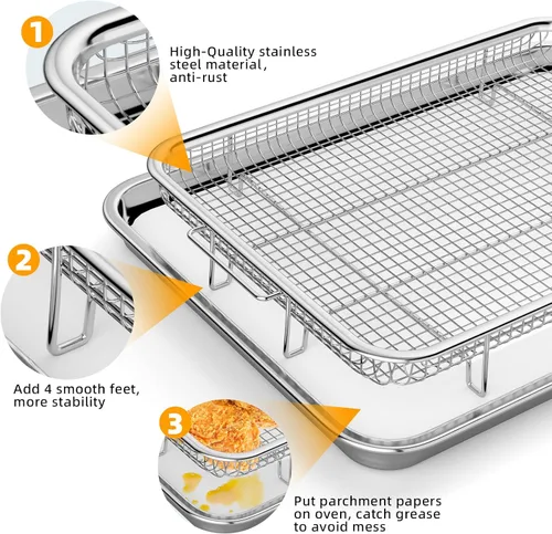 Miniatura 3 de Cesta de freidora de aire para horno, 2 juegos de bandeja y sartén de freidora de aire con 60 piezas de papel pergamino, sartén de freidora de aire