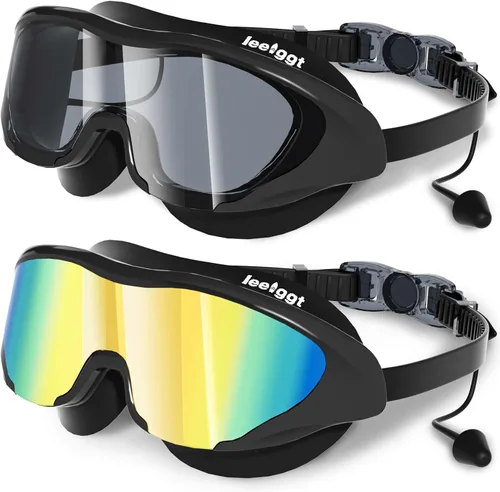 Miniatura 15 de Gafas de natación anti niebla UV para niños de 6 a 14 años, paquete de 2 gafas de natación para niños con tapones para los oídos adjuntos Dorado-azul