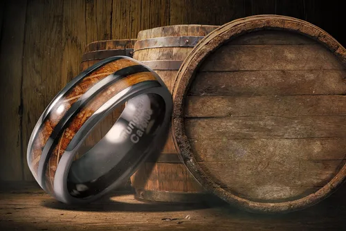 Miniatura 2 de 100S JEWELRY Anillos de tungsteno gris plomizo para hombre, barril de whisky, incrustaciones de madera de grano de madera, anillo de compromiso
