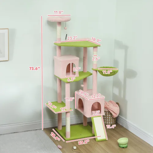 Miniatura 7 de PawHut Árbol de flores para gatos, torre grande de 74 pulgadas para gatos de interior con 2 amplios condominios, postes rascadores de sisal, 2 bolas