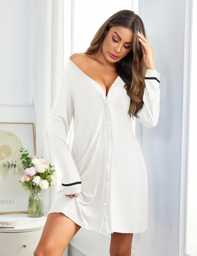 Miniatura 2 de Ekouaer Camisón largo con cuello en V para mujer, camisón con botones