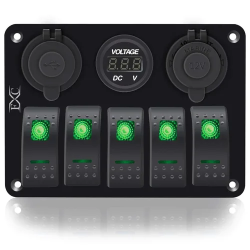 Miniatura 2 de FXC Interruptor basculante de 5 segmentos con doble ranura USB de 5 V 3.1 A + medidor de voltios + encendedor de cigarrillos para lanchas marinas