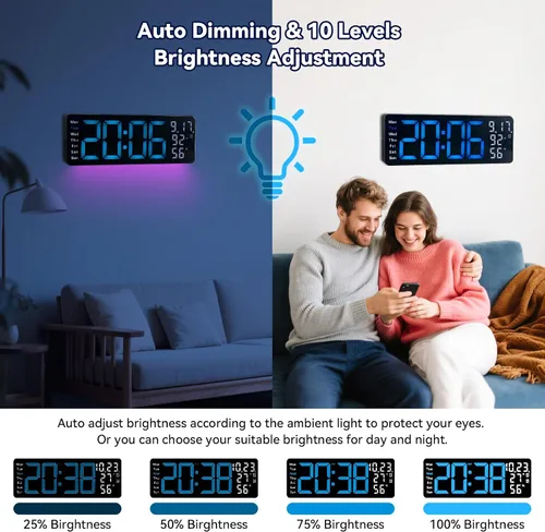 Miniatura 4 de Reloj de pared digital con pantalla grande, reloj digital de 17.3 pulgadas con control remoto a color RGB, reloj de pared grande con atenuación