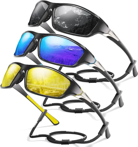 Miniatura 20 de Paquete de 3 lentes de sol deportivos polarizados para hombres, gafas de sol masculinas envolventes con protección UV para ciclismo, pesca