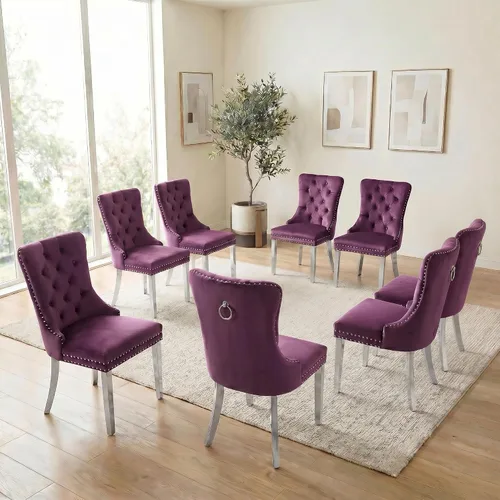 Miniatura 16 de Juego de 6 sillas de comedor de terciopelo, sillas tapizadas con respaldo alto capitoné con ribete de cabeza de clavo y anillo de tracción, patas