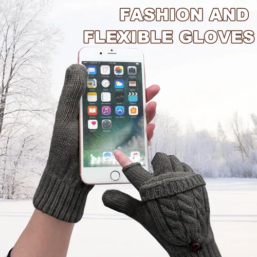 Miniatura 24 de Beurlike Guantes de invierno para mujer, de lana cálida, a prueba de viento, convertibles, sin dedos