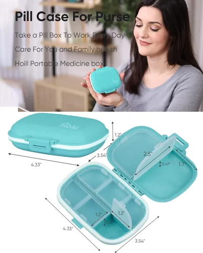 Miniatura 4 de Holii Pastillero de viaje, 8 compartimentos, pastillero portátil, pastillero diario para guardar vitaminas, pequeño contenedor de píldoras para Azul