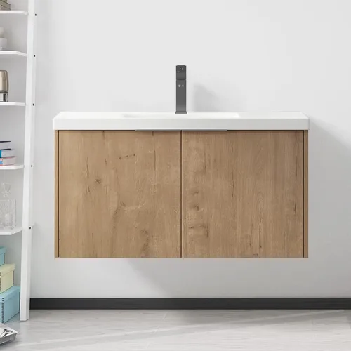 Miniatura 9 de Juego de tocador de baño flotante de 22 pulgadas con lavabo, moderno tocador de baño montado en la pared con lavabo de cerámica y puerta de cierre