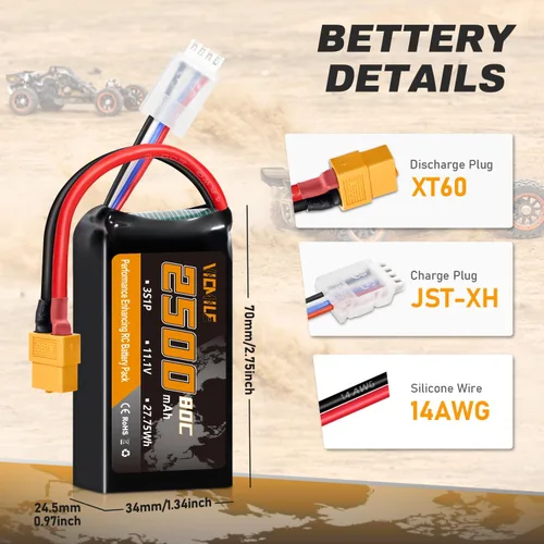 Miniatura 3 de 3S Lipo Batería 2500mAh 11.1V 80C Alta tasa de descarga Shorty Pack Baterías RC con XT60 Plug Fit para RC Avión FPV Quadcopter Helicóptero Drone