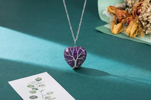 Miniatura 2 de Top Plaza - Collar de cuarzo rosa natural curativo con árbol de la vida envuelto en alambre de plata con forma de corazón colgante para mujeres