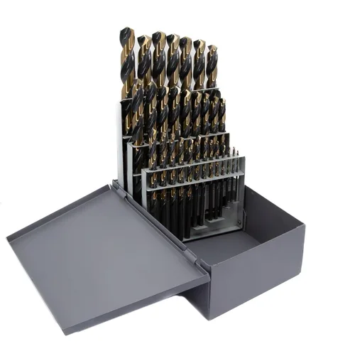 Drill America Juego de 29 brocas de punta dividida de acero de alta velocidad, color negro y dorado, con 3 vástagos planos en caja de metal (1/16" -