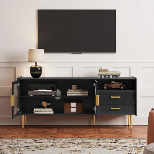 Miniatura 2 de ARTPOWER Soporte de TV moderno de 60" para televisores de 55/60/65 pulgadas, mesa de consola de TV con puertas de vidrio y cajones, centro