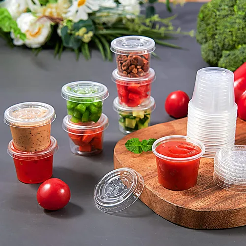 Miniatura 7 de Lilymicky 400 juegos de vasos de plástico desechables de 1 onza con tapas, pequeños recipientes de plástico para condimentos para salsa, vasos