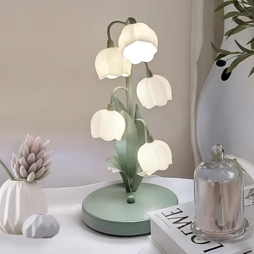 Lámpara de flores verdes para el hogar, lámparas de mesa vintage de noche, 5 luces de lectura de lirio del valle, 3 modos de color, decoración de