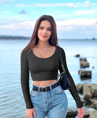 Miniatura 6 de OQQ Camiseta corta de 3 piezas para mujer, manga larga, cuello redondo, elástica, ajustada, para mujer