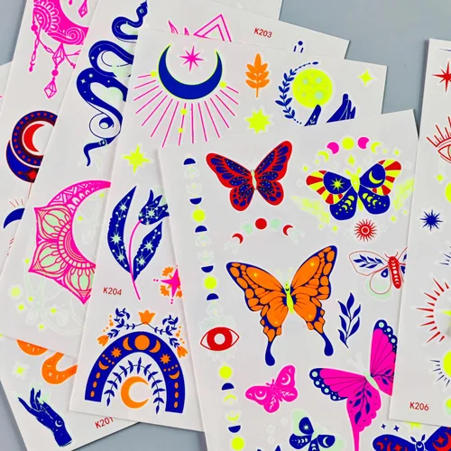 Miniatura 9 de Tatuajes temporales de neón UV, 12 hojas de tatuajes de fiesta que brillan en la oscuridad para adultos y niñas, patrones de doble vibración