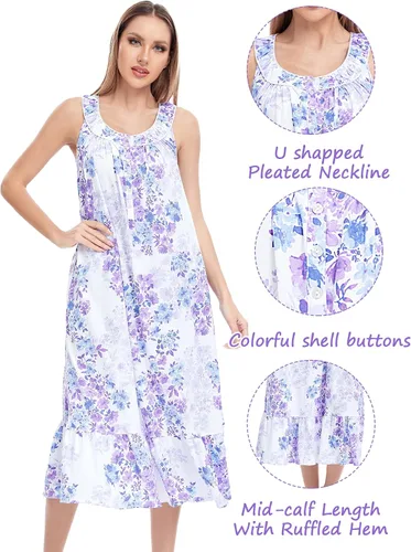 Miniatura 2 de IZZY + TOBY Camisones de algodón para mujer, sin mangas, suave, camisón de noche, camisón largo