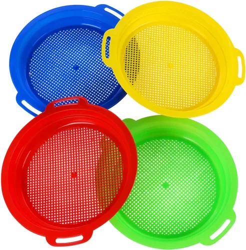 Tamices de arena para juguetes de arena para la playa (rojo, azul, amarillo y verde) juego completo de regalo, paquete de 4 (8.75 x 9.75 pulgadas)