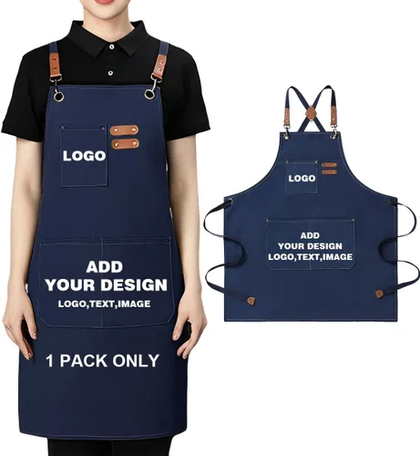 Miniatura 18 de Delantal personalizado para hombres y mujeres, delantales de lona de cocina personalizados con bolsillos, nombre, texto, logotipo, imagen Negro-1