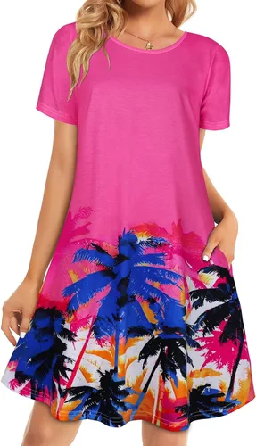 Miniatura 25 de Vestidos de verano para mujer, informales, holgados, estilo camiseta, florales, de manga corta, con vuelo y bolsillos, para la playa