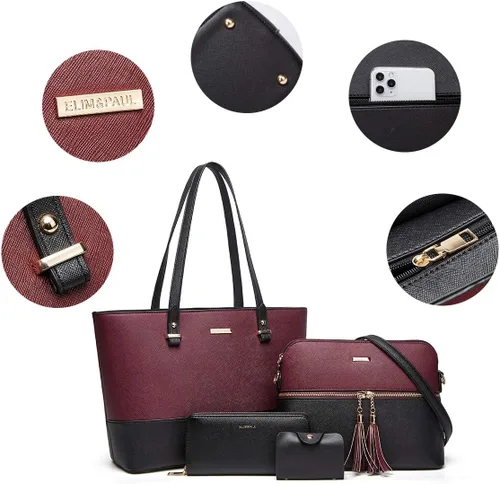 Miniatura 98 de Juego de 4 bolsas modernos para mujer de cuero sintético: bolso tote, bolso de hombro, bolso de mano y cartera.