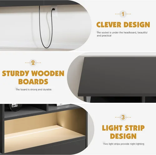 Miniatura 5 de Cabecero Queen/Full Solo para Dormitorio, Elegante Cabecero con Estantería con Estación de Carga y 2 Luces LED, Cabeceros de Madera Procesada