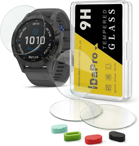iDaPro Paquete de 4+4 protectores de pantalla para Garmin fenix 6 Pro / 6/6 Zafiro / 6 Pro Solar smartwatch con tapones antipolvo de silicona, kit