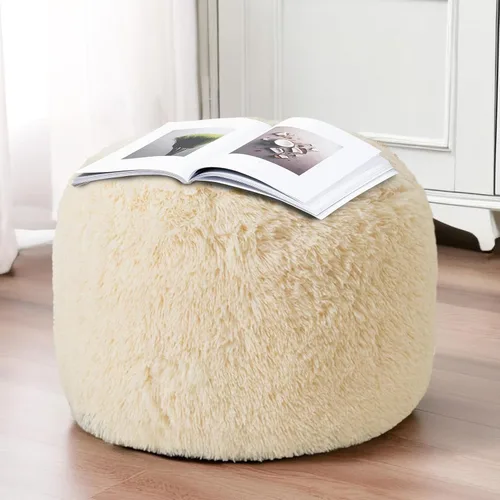 Miniatura 5 de HIGOGOGO Puf Otomano Redondo Relleno, Pufs Largos de Piel Sintética con Relleno de Trozos de Espuma, Puf Esponjoso y Peludo Taburete Reposapiés Beige