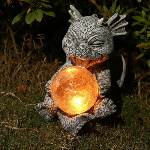 Miniatura 5 de Estatua de Dragón de Jardín con Energía Solar Figura Luminosa para Exteriores Decoración Linda que Sostiene Bola de Cristal Brillante Escultura