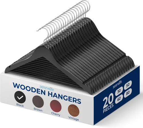 Miniatura 14 de SereneLife Paquete de 30 perchas de madera resistente – Juego de perchas de madera maciza con gancho giratorio de 360°, barra para pantalones