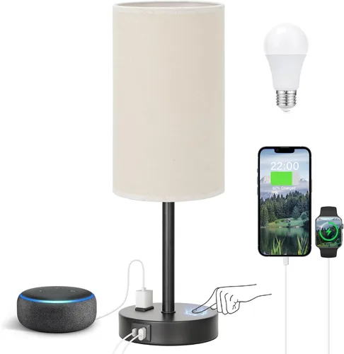 Miniatura 20 de Fenmzee Juego de lámparas de mesa pequeñas táctiles regulables de 2 a 3 vías, carga USB A + C, salida de CA, base de grano de madera, bombillas