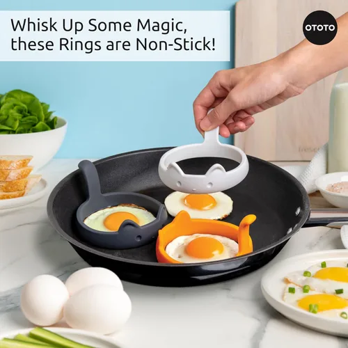 Miniatura 4 de OTOTO PanCats Juego de 3 anillos para huevos de silicona - Anillos para huevos para freír huevos, anillo antiadherente para cocinar huevos fritos