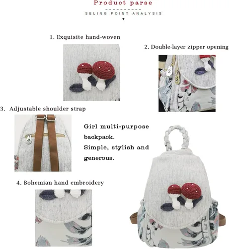 Miniatura 34 de HUANGGUOSHU Mochila de algodón tejida de algodón bohemio con bordado de lona estilo bohemio con múltiples bolsillos retro linda mochila cartera