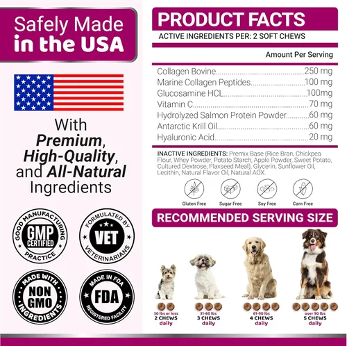 Miniatura 6 de YUMA'S Colágeno avanzado para perros – 170 masticables – Suplemento de cadera y articulaciones – Péptidos de colágeno múltiple – Salud de la piel