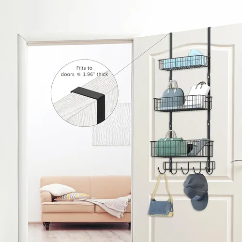 Miniatura 5 de CADUKE Organizador Negro Sobre la Puerta Organizador Sobre la Puerta Ganchos con Cesta de Almacenamiento Toalleros para Puerta de Baño Estante