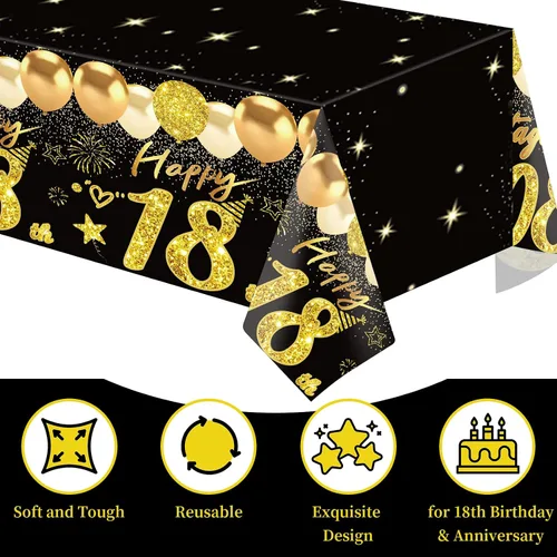 Miniatura 6 de Uiorgui 2 piezas mantel de cumpleaños número 18, mantel de cumpleaños número 18 negro dorado para niños y niñas, mantel de plástico rectangular