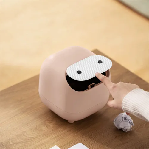 Miniatura 2 de Bote de basura pequeño de escritorio con tapa para escritorio, lindo mini cubo de basura verde a presión para oficina, encimera, mesa de café, Rosa