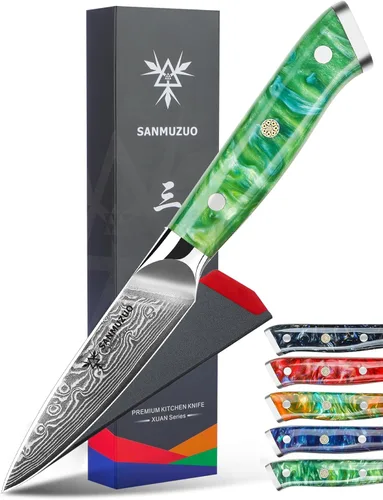 Miniatura 8 de Cuchillo de pelar de 3.5 pulgadas, cuchillo de cocina para frutas y verduras de acero de Damasco y mango de resina - Serie Xuan (Naranja Fantasía)