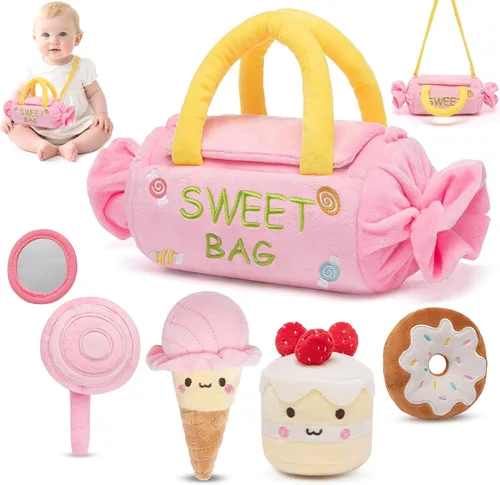 Juguetes para bebés de 6 a 12 meses, My First Candy Bag - 5 juguetes sensoriales para postres suaves con sonajero, papel arrugado, chirriante,