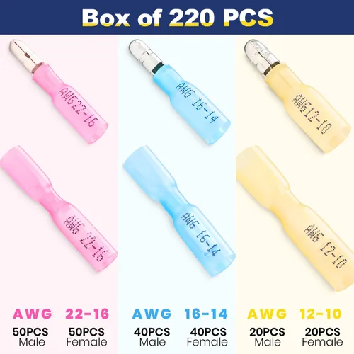 Miniatura 2 de haisstronica 220 piezas de conectores de bala termorretráctiles AWG22-10 macho y hembra terminales de bala de alambre azul, rojo y amarillo, kit
