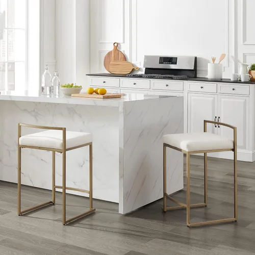 Miniatura 2 de Crosley Furniture Harlowe - Juego de 2 taburetes de bar tapizados con altura de mostrador, cocina y comedor, crema y dorado