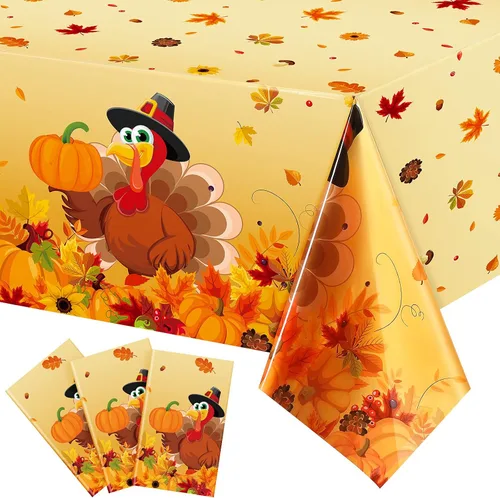 Tudomro 3 manteles de Acción de Gracias, manteles de hojas de otoño, pavo, calabaza, hojas de arce, fundas de mesa para decoración de mesa de fiesta