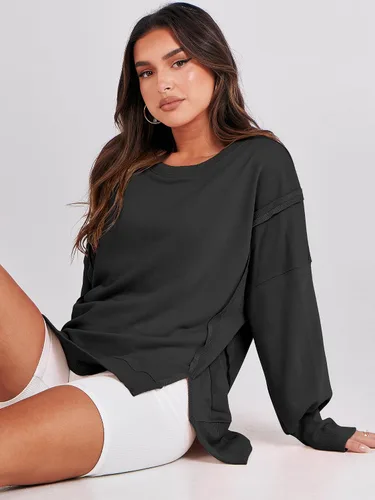 Miniatura 9 de ANRABESS Sudadera de gran tamaño para mujer, cuello redondo, manga larga, casual, con abertura, sin botones, ropa de otoño